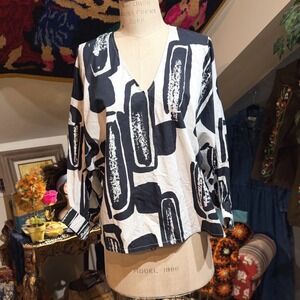 Frances Valentine Black White Abstract Print 100% Cotton Blouse Top XS